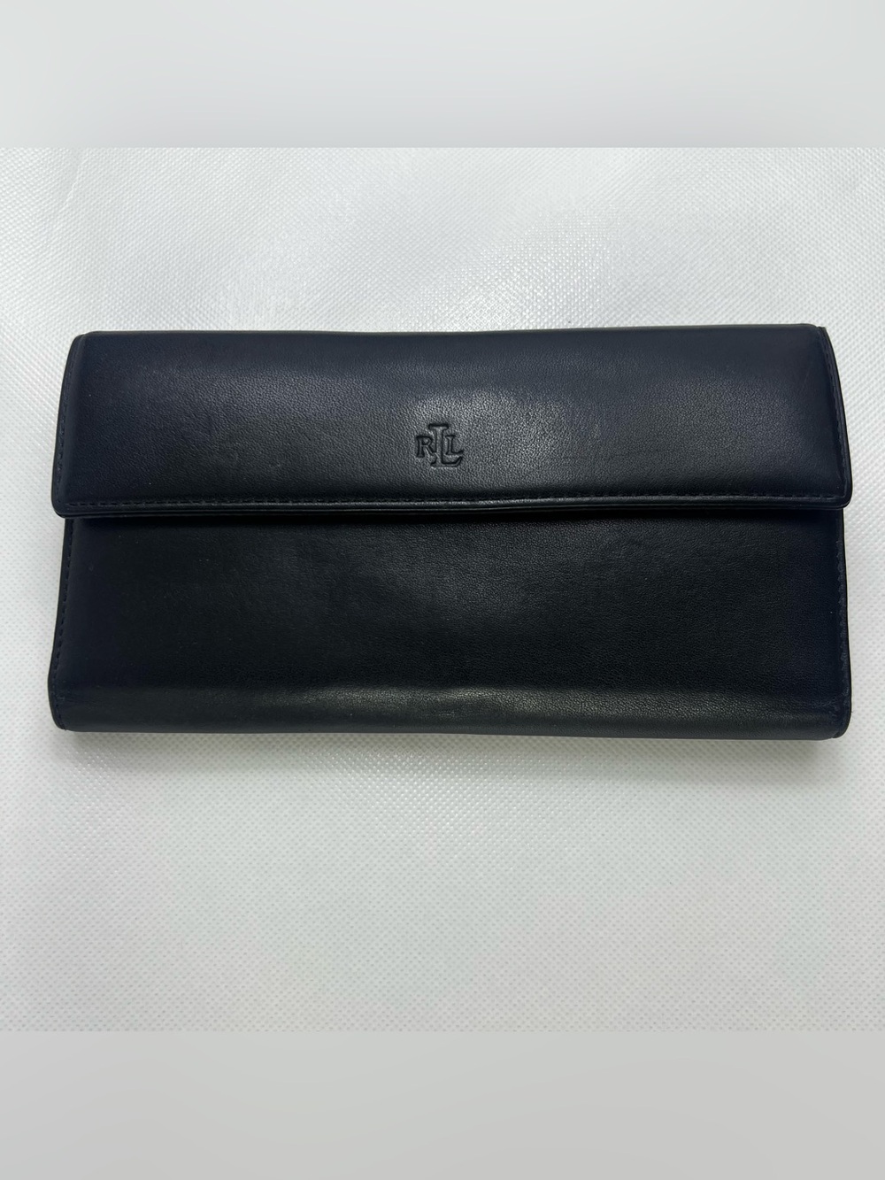 Lauren Ralph Lauren Black Leather Checkbook Wallet Logo Photo ID Credit Card